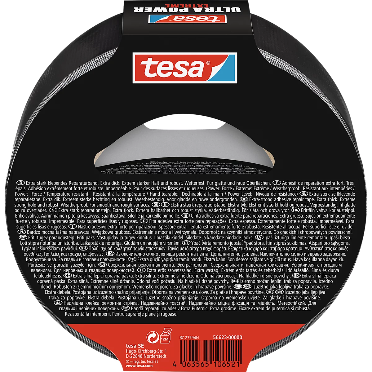 Black tesa repair tape. "ULTRA POWER" at the top left. The "tesa" logo is in red and blue. Tape text with product information.