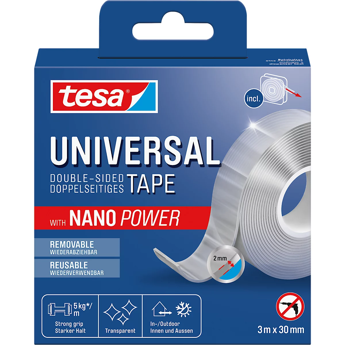 Blue packaging with double-sided tape. Inscription: UNIVERSAL TAPE, with Nano Power, reusable, transparent.