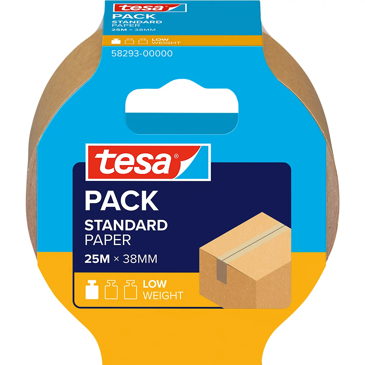 Tesa-verpakkingstape met blauwe en gele verpakking. Opdruk: Tesa, Pack, Standard Paper, 25m x 38mm, kartonnen illustratie.
