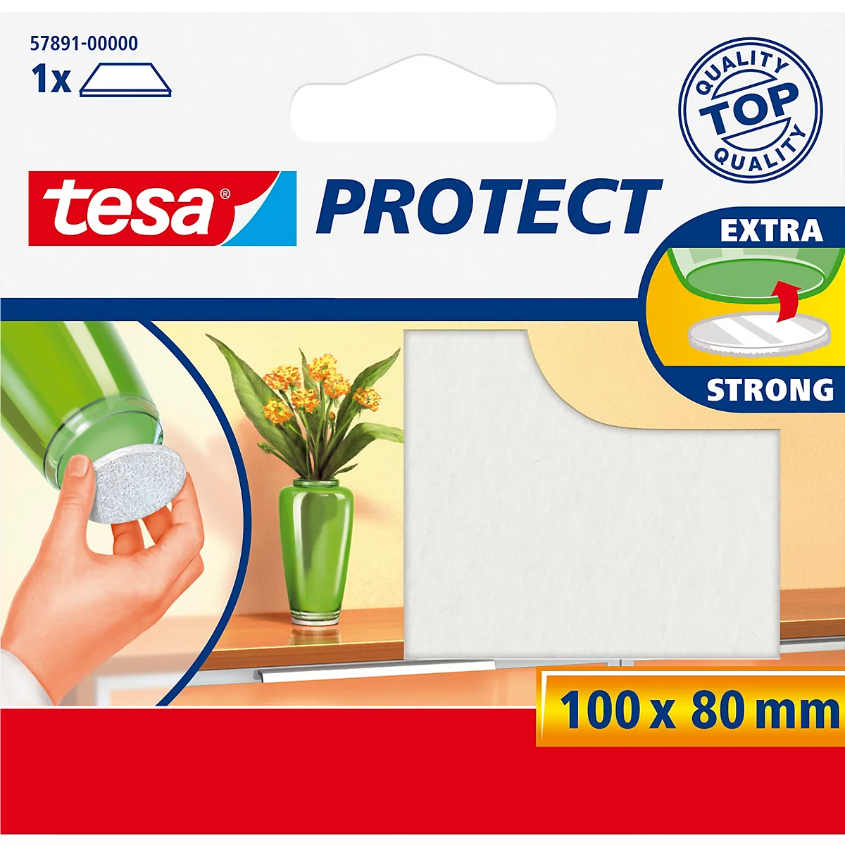 Tesa Protect beschermingspads. In gebruik op een glas, daarnaast een vaas met bloemen, linksboven de verpakking.