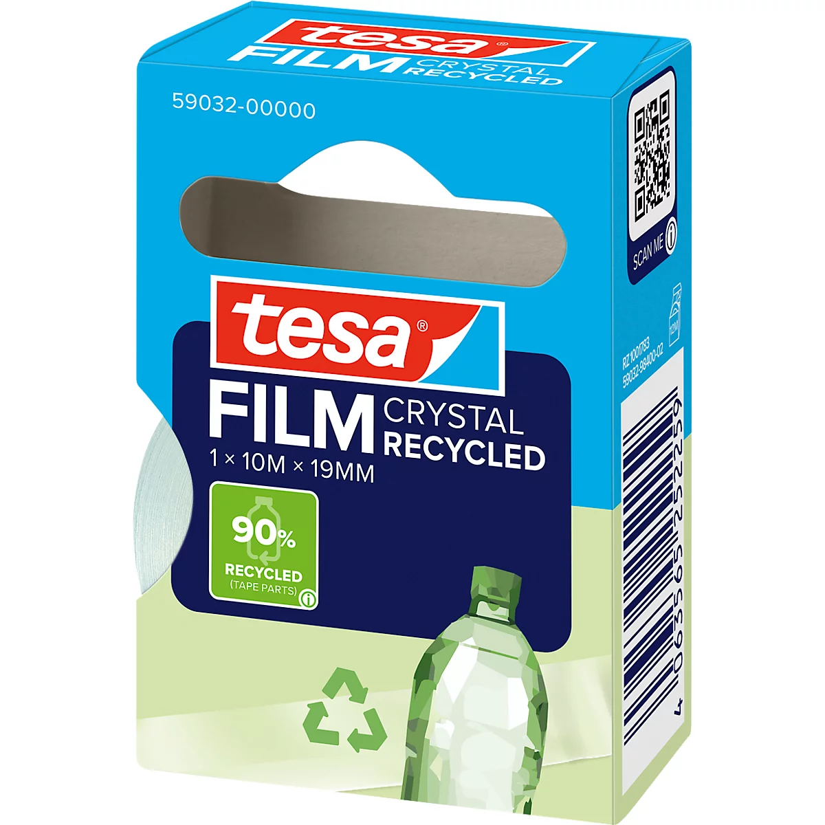 Tesa Film Crystal Recycled Box. Produktabbildung mit Produktdetails und Recycling-Logo.
