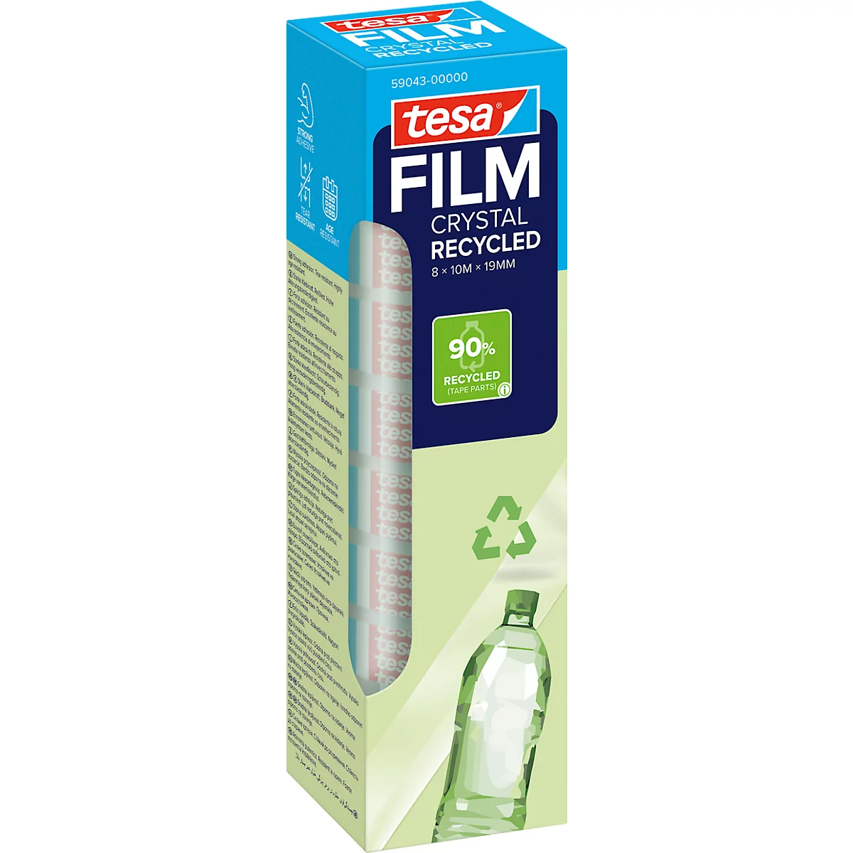 Eine Packung tesafilm Crystal Recycled. Aufschrift: 90% Recycled, und eine abgebildete Flasche.