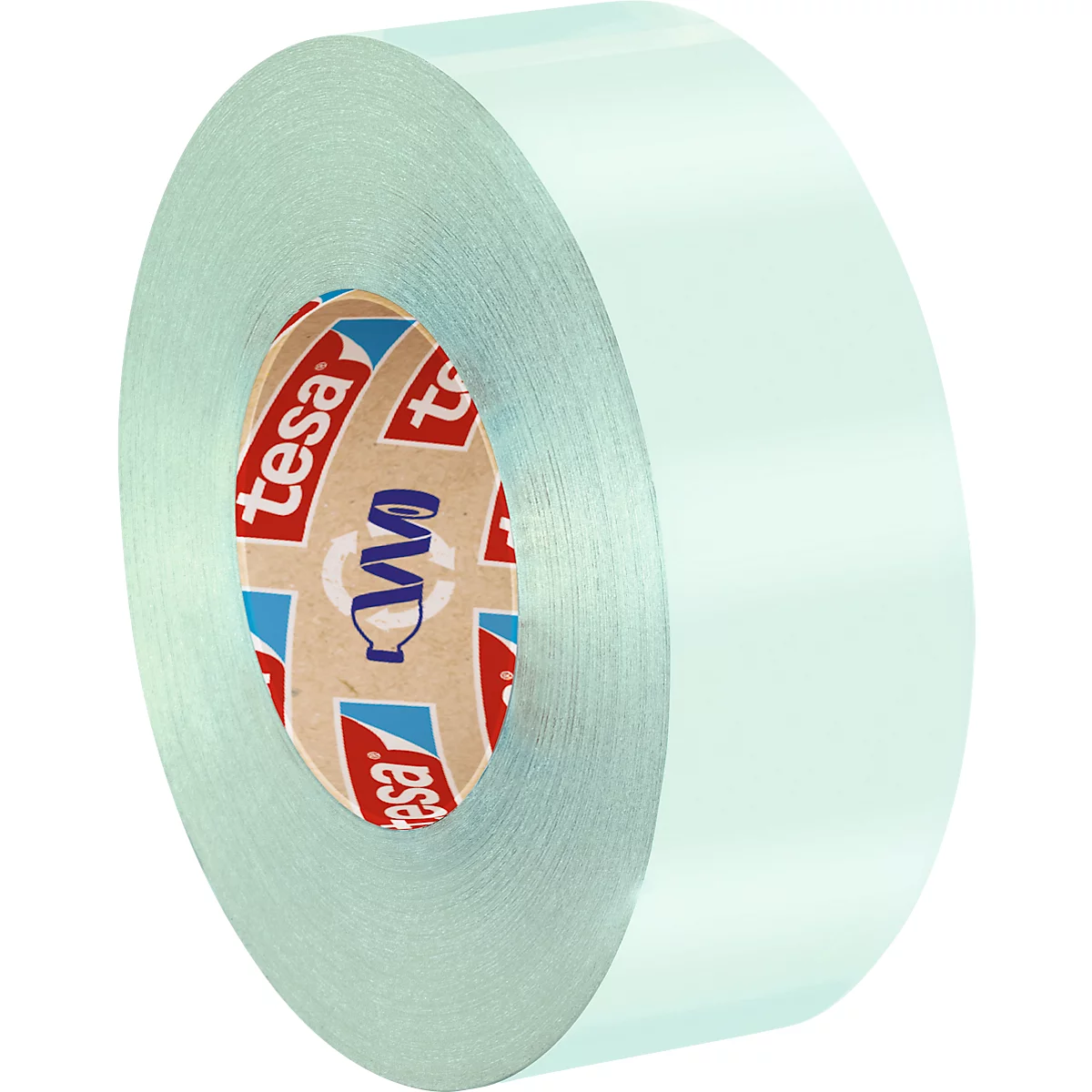 Eine Rolle hellgrünes Klebeband von Tesa. Das Logo zeigt eine blaue Welle und den Schriftzug.