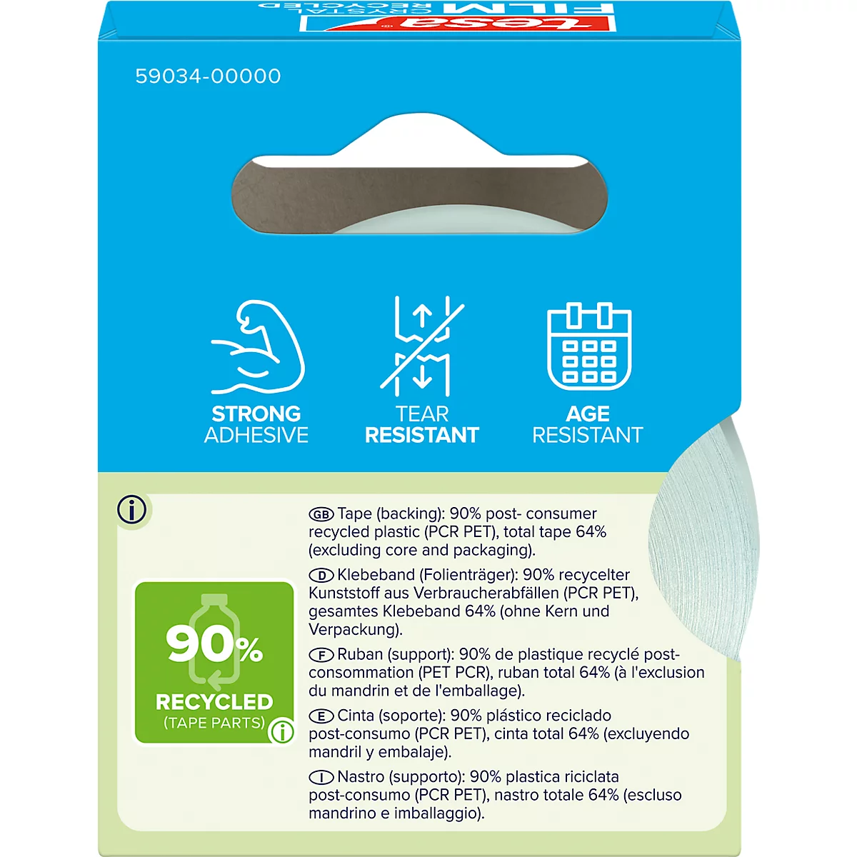 Rückseite einer tesa-Verpackung. Informationen zu starker Klebkraft, Reißfestigkeit und Alterungsbeständigkeit. Text: 90 % recycelt (Klebebandteile).