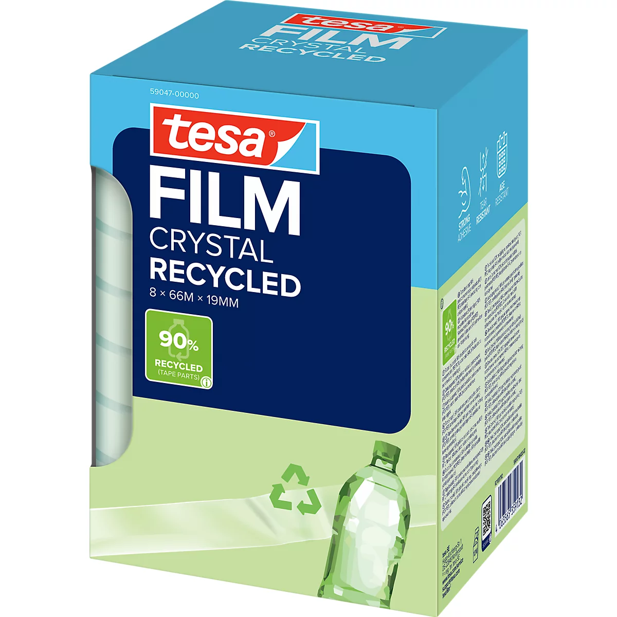 Tesa Film Crystal Recycled Klebestreifen Packung mit 90 Prozent recyceltem Material, 8 Rollen à 66 Meter.