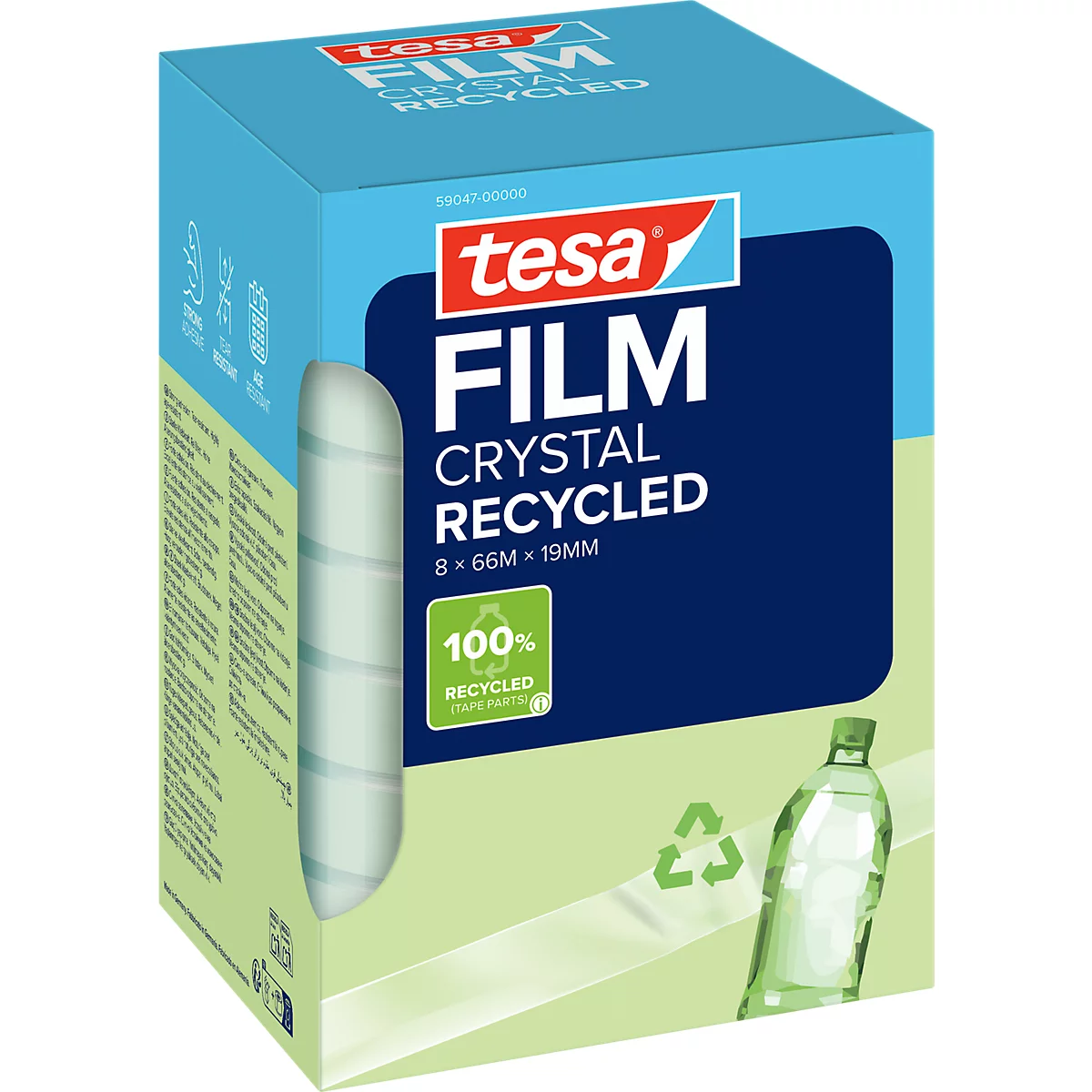 Blaue und grüne tesa Film Crystal Recycled Verpackung mit 8 Rollen Klebefilm aus recyceltem Material.