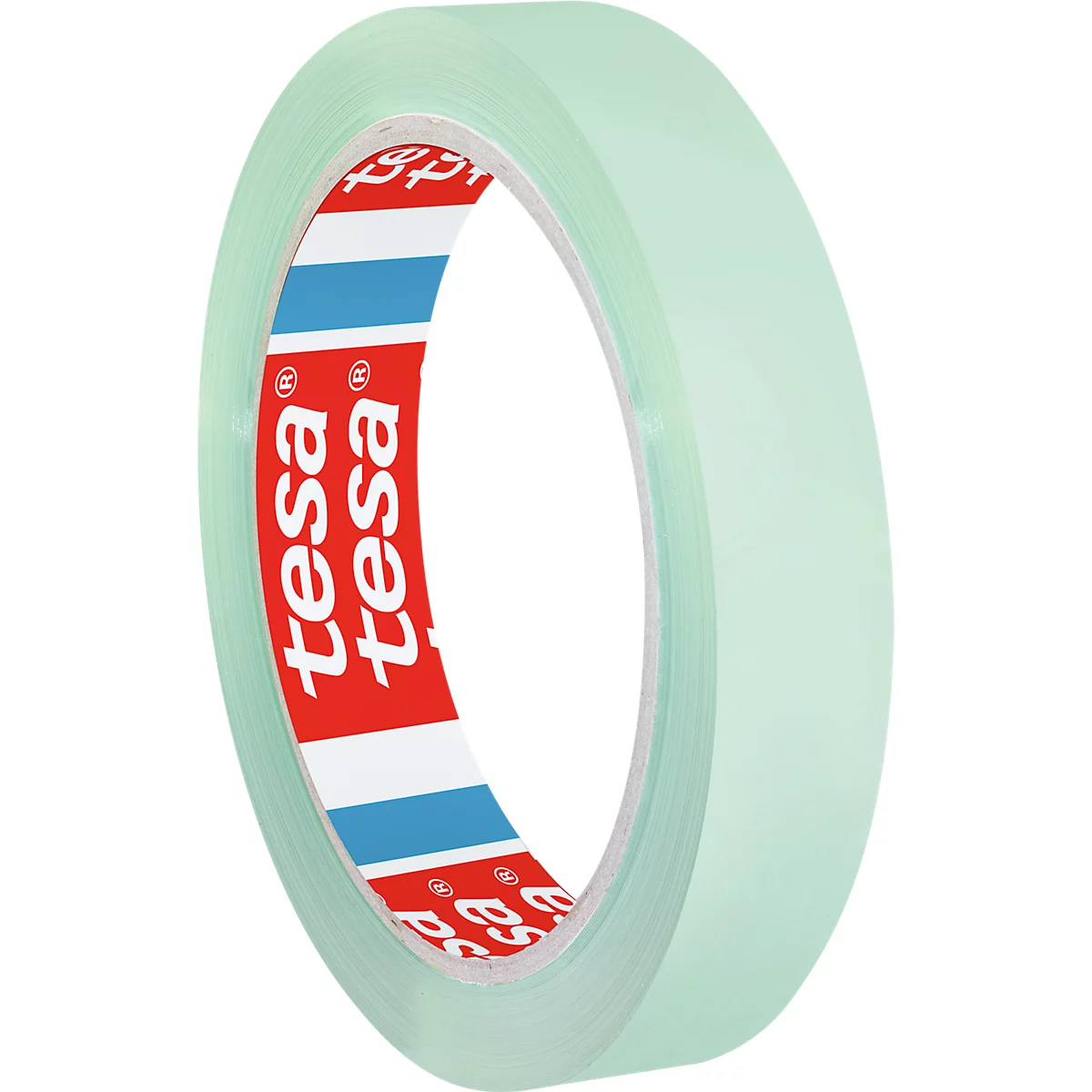 Eine Rolle hellgrün transparentes tesa Klebeband vor weißem Hintergrund.