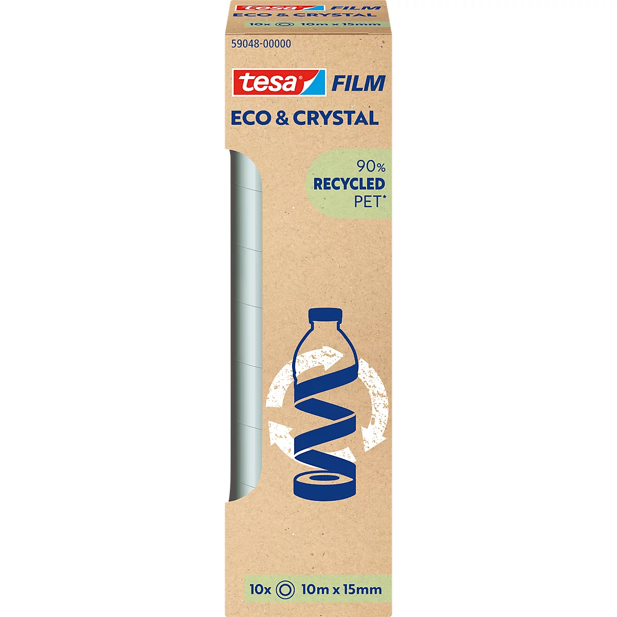 Packaging of Tesa Film Eco & Crystal with information on recycling and size. The packaging has a brown background.