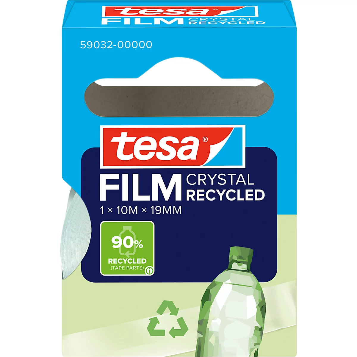 Tesa film roll in a blue package, with product information and recycling notice. A green bottle on the right.