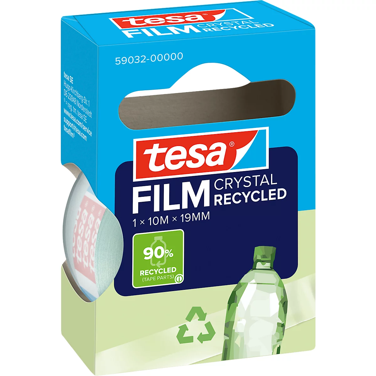 Blue and white Tesa film roll. Inscription: Crystal, Recycled, 1x10M x 19MM. Green and white recycling note.