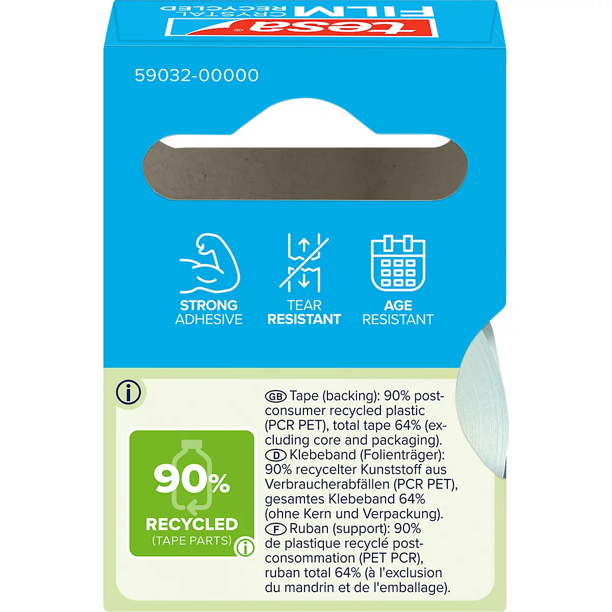 Close-up of a Tesa tape packaging, showing symbols including strong adhesive and 90% recycled.