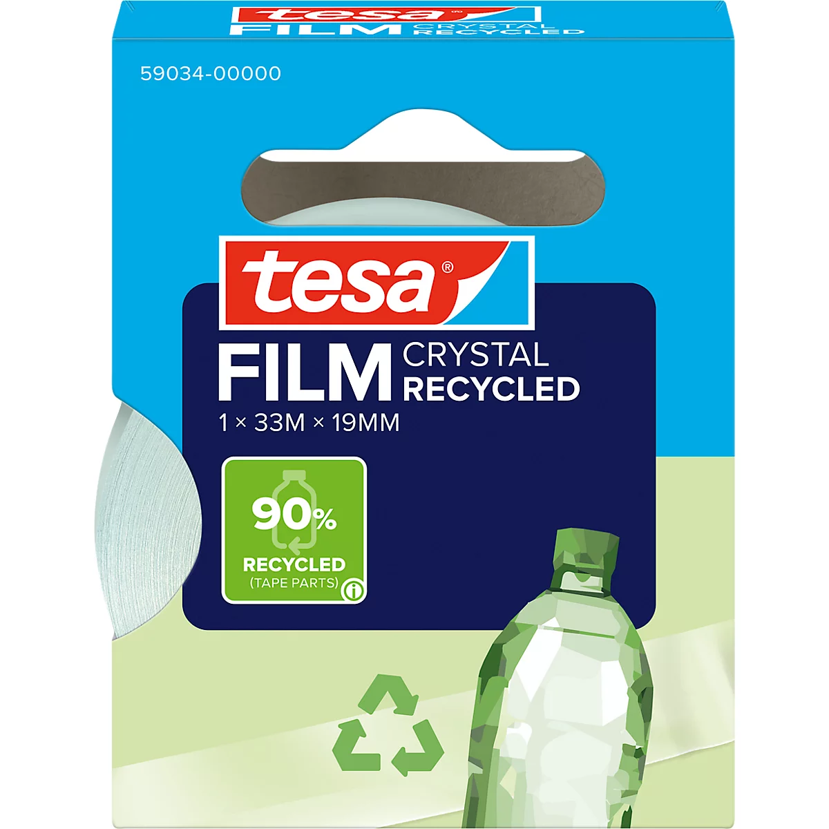 Blister pack of tesa Film Crystal Recycled adhesive film, dark blue-white. Print: 90% recycled, green bottle.