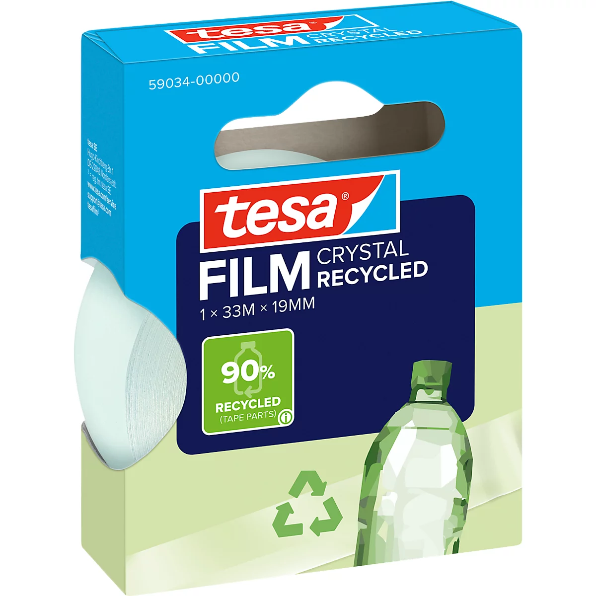 Blue and white Tesa film packaging, opened, shows transparent adhesive film roll, green recycling logo.