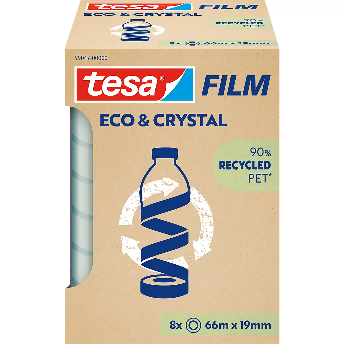 A brown package with a blue tesa Film logo and lettering. Printed are "ECO & CRYSTAL" and an illustration of a bottle with the note "90% RECYCLED PET".