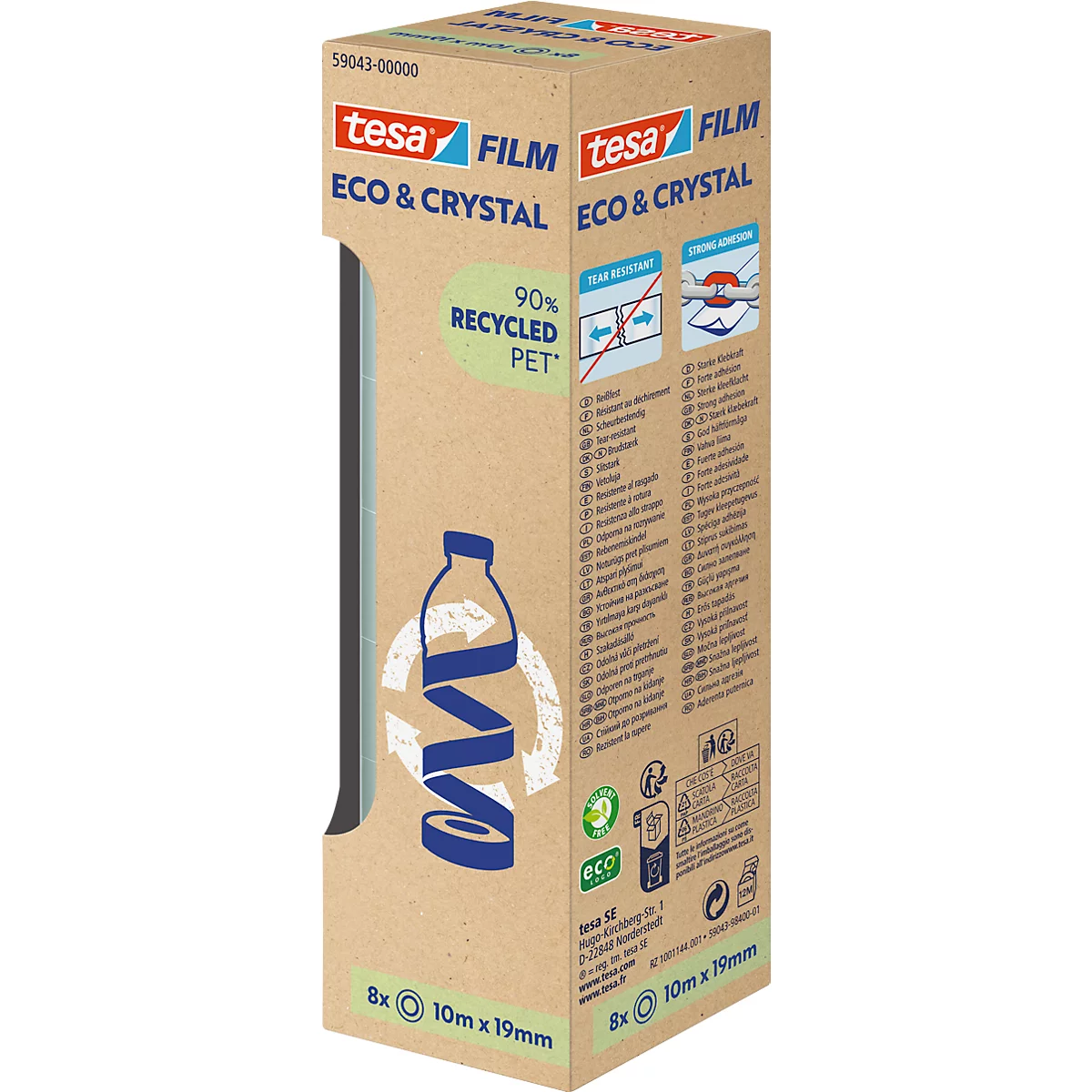 tesafilm® eco &amp; crystal Ruban adhésif, transparent, résistant à la déchirure, L 10 m x l 19 mm, 8 rouleaux