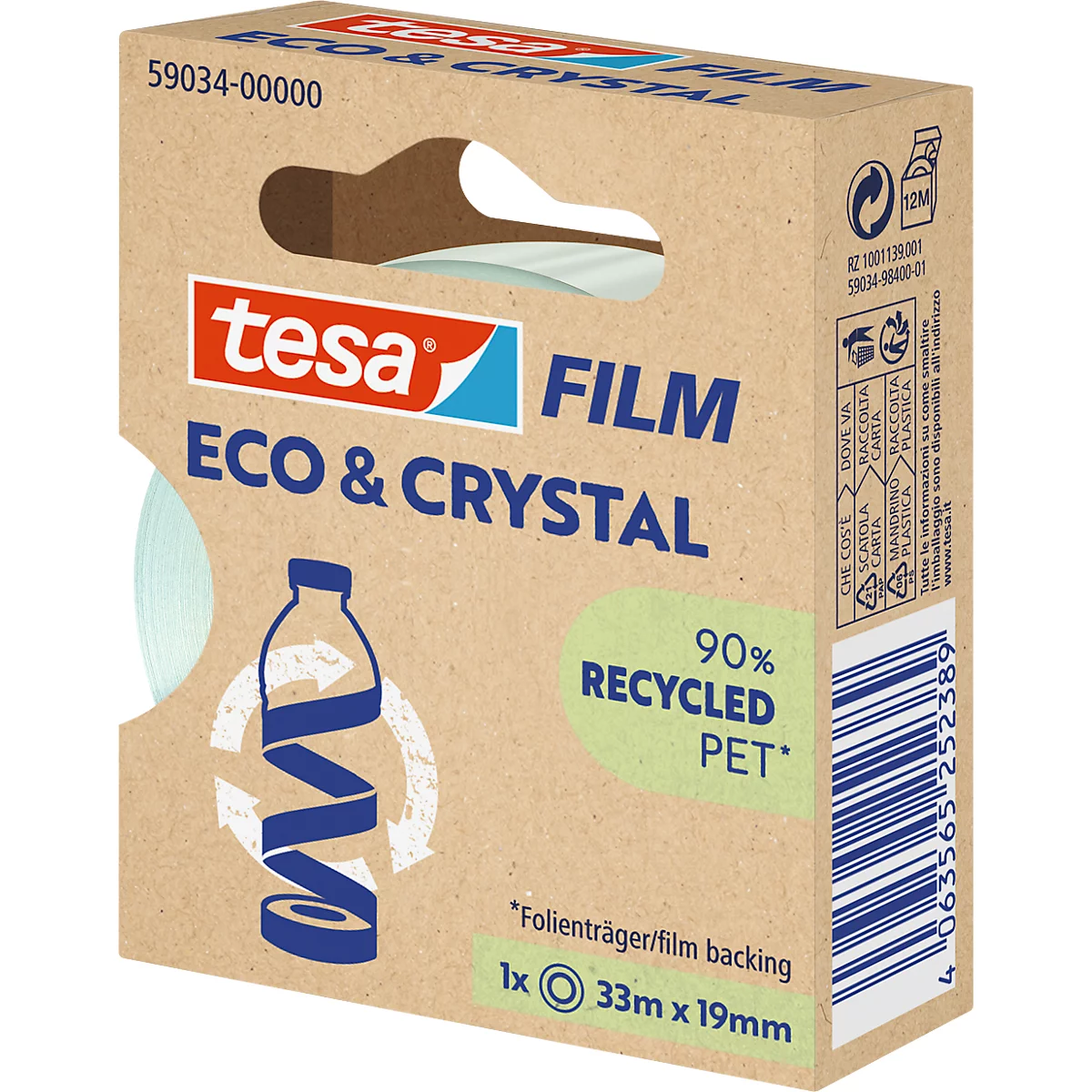 tesafilm® eco &amp; crystal Ruban adhésif, transparent, résistant à la déchirure, L 33 m x l 19 mm, 1 rouleau