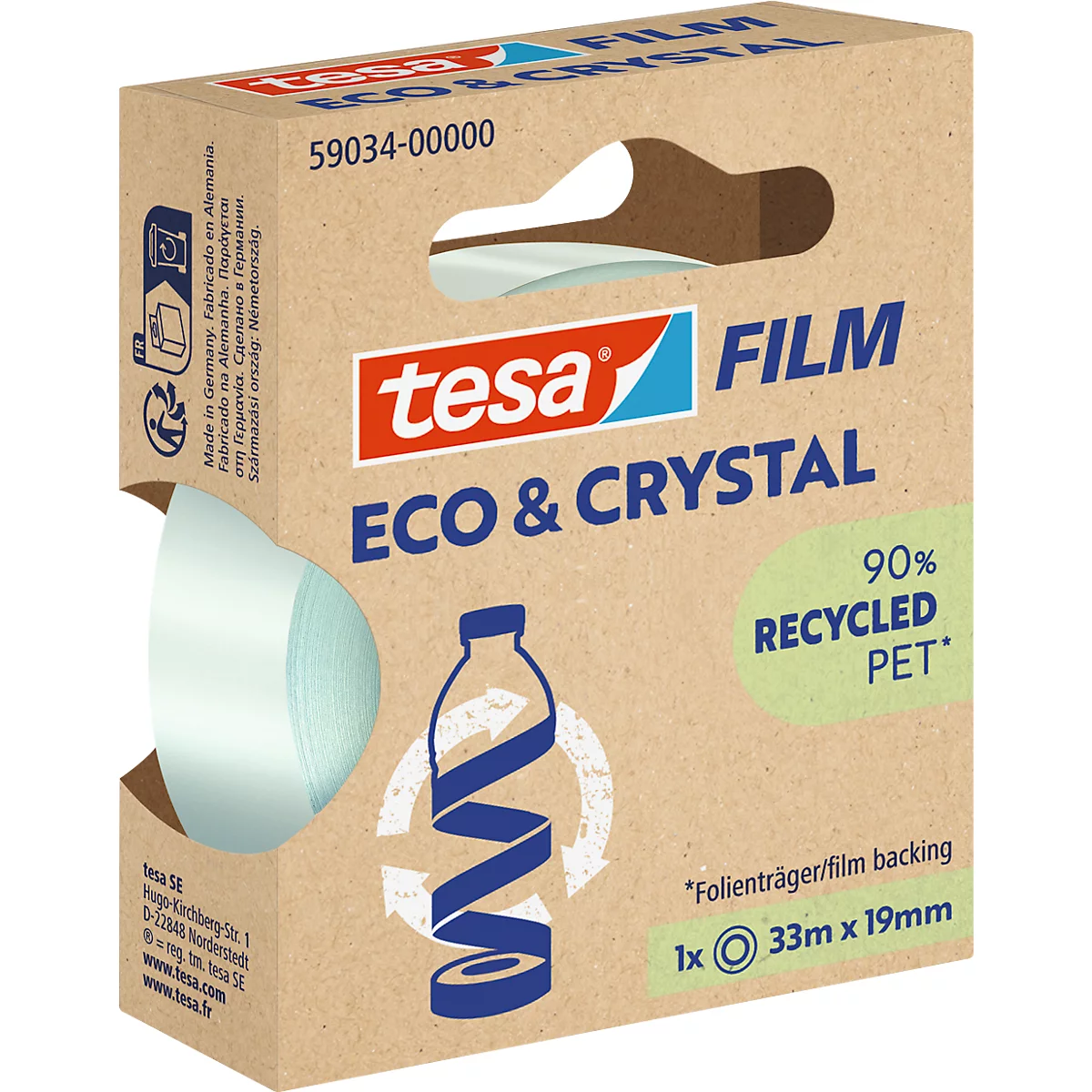 tesafilm® eco &amp; crystal Ruban adhésif, transparent, résistant à la déchirure, L 33 m x l 19 mm, 1 rouleau