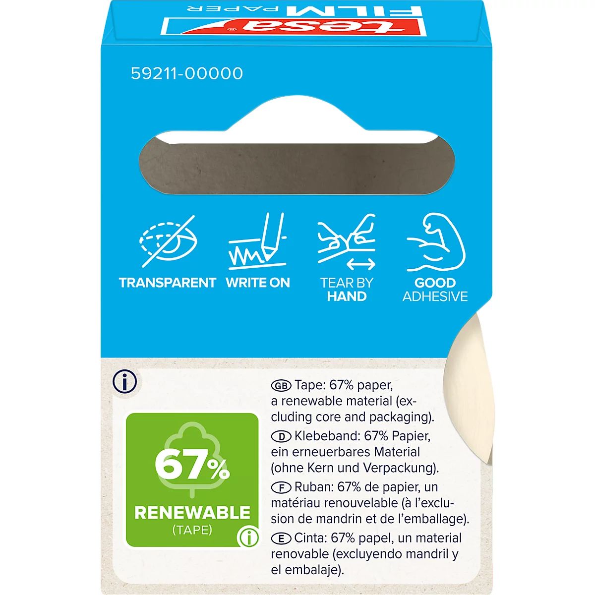 Close-up of a tesa film packaging. Information on transparency, write-on, easy tear and good adhesion. 67% renewable.