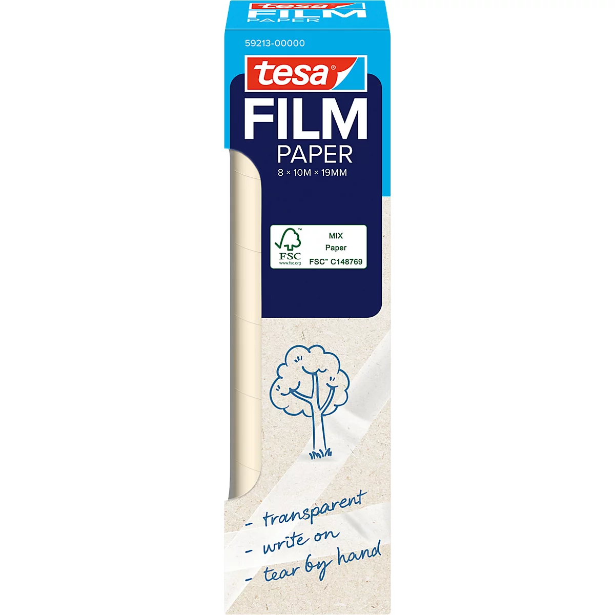 Tesa film paper roll in packaging. Product information: transparent, write on, and tear by hand.
