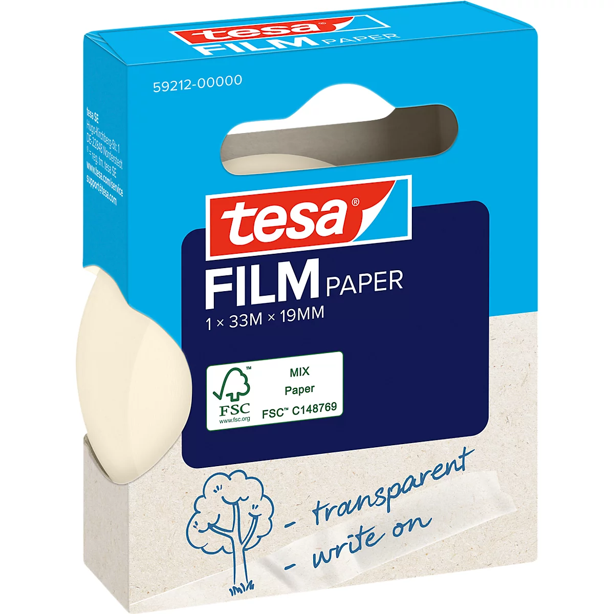 Blue and white Tesa film paper packaging. Inscription: Transparent, writable. Next to it roll with paper.