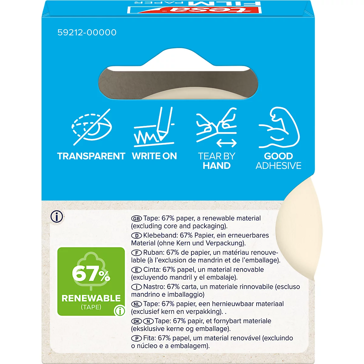 Tesafilm packaging with product information and the words "Transparent", "Write On", "Tear By Hand", and "Good Adhesive".