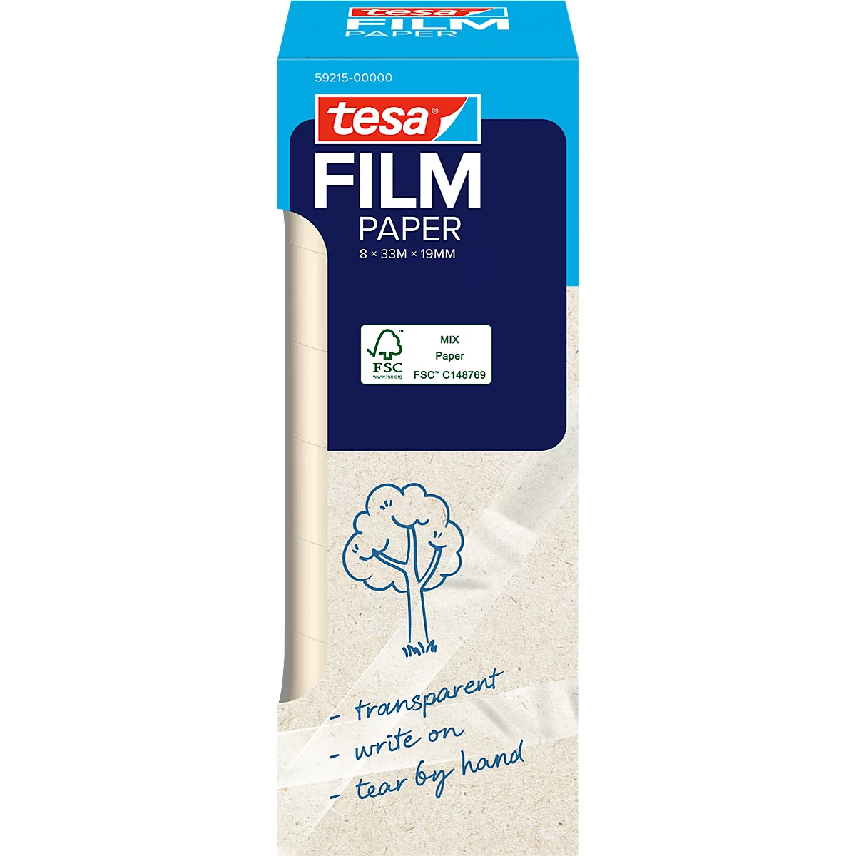Blue and white Tesa film packaging with product information.