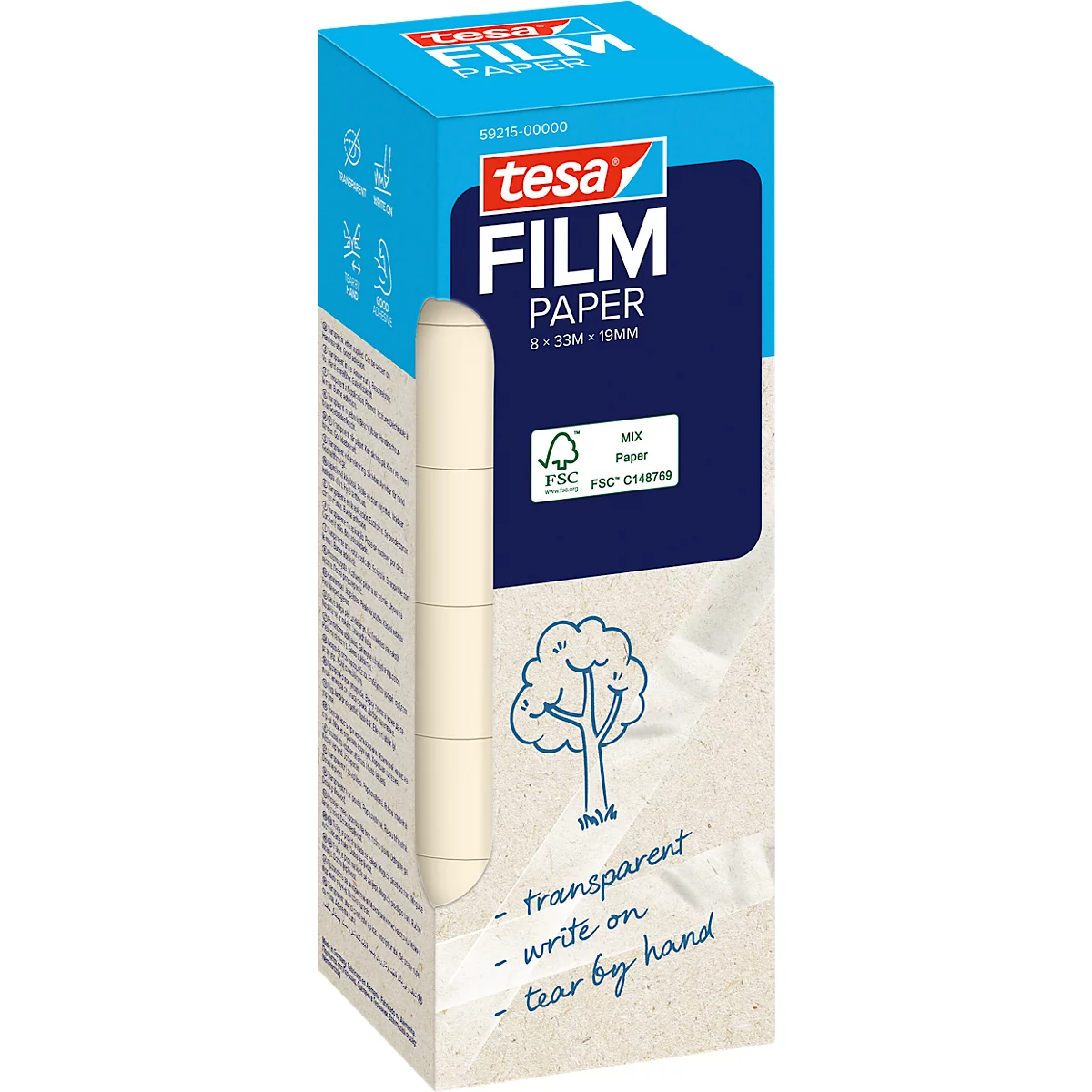 Product packaging with tesa film roll. Printed: "Tesa Film Paper", transparent properties, FSC seal.