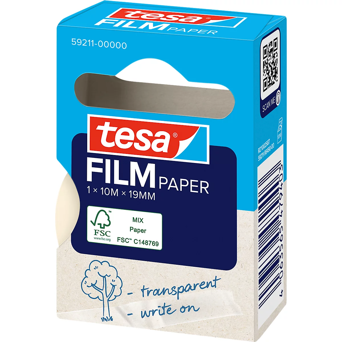 Emballage Tesa bleue et blanche avec l'inscription FILM PAPER. Des informations sur le produit et le label FSC y sont imprimées.