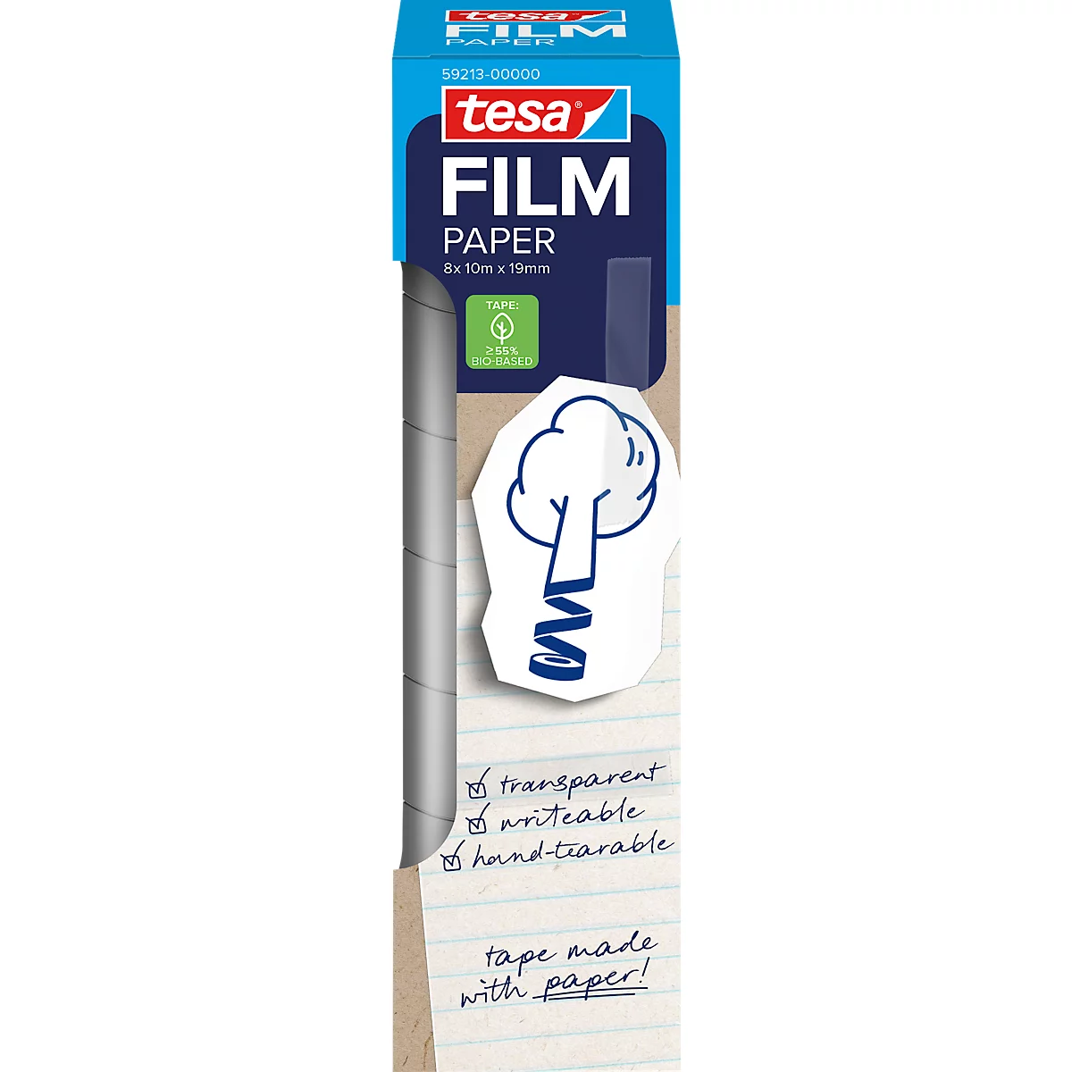 tesafilm® Paper Klebefilm, transparent, 19 mm x 10 m, beschriftbar, 8 Rollen im Pack