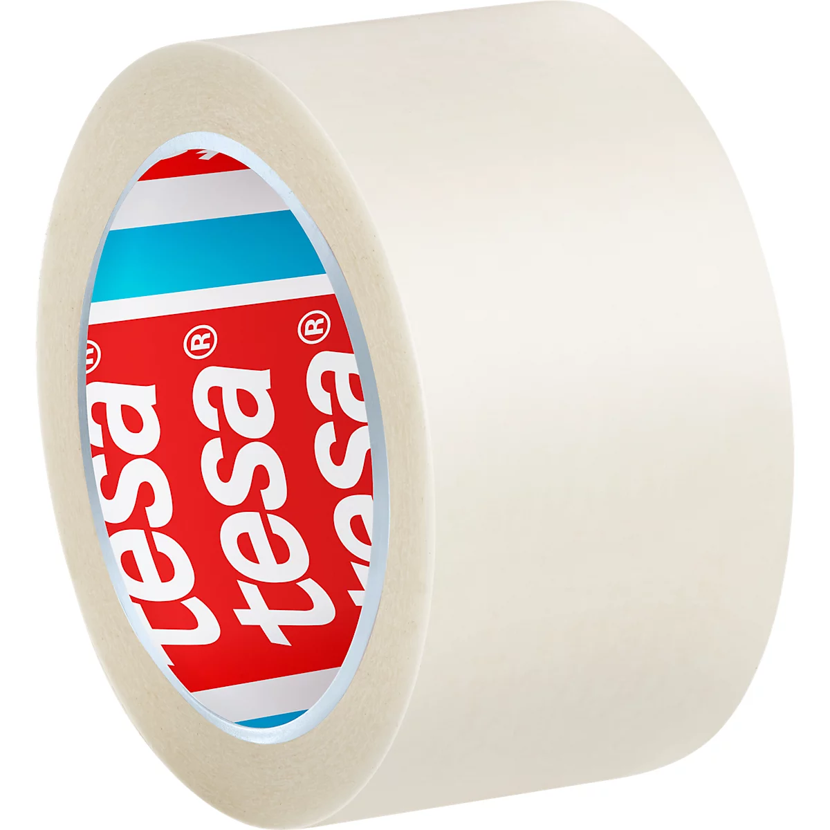 Tesafilm-Klebebandrolle mit rotem und blauem Logo. Der äußere Teil des Klebebands ist cremefarben.