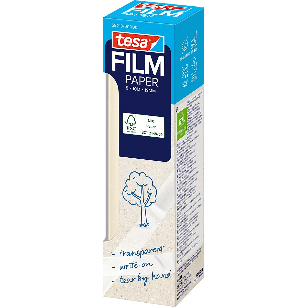 Blau-weiße Tesa-Film-Papier-Verpackung. Aufschrift: transparent, beschreibbar, von Hand reißbar.