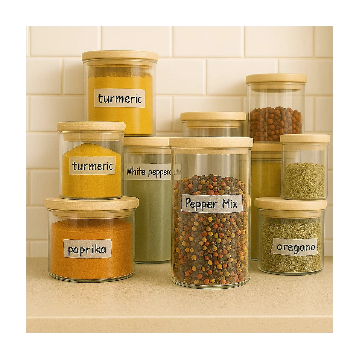 Nahaufnahme von Gewürzdosen mit Etiketten wie Kurkuma, Paprika, Oregano und Pfeffermix.