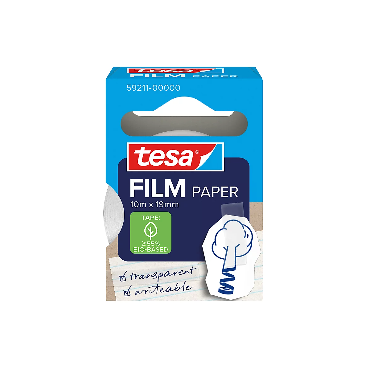 tesafilm® Paper Klebefilm, transparent, 19 mm x 10 m, lösungsmittelfrei, beschriftbar, 1 Rolle