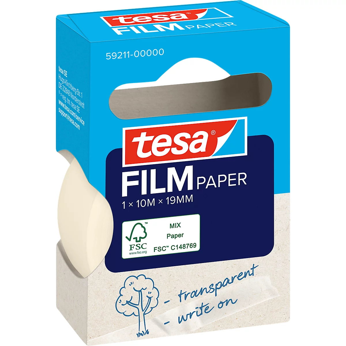 Tesa Film Paper in Verpackung, blau-weiß, Schriftzug. Transparent und beschreibbar.