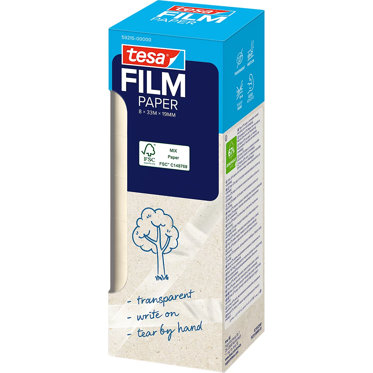 Eine Verpackung von Tesa Film Papier. Auf der Verpackung steht "transparent, write on, tear by hand".