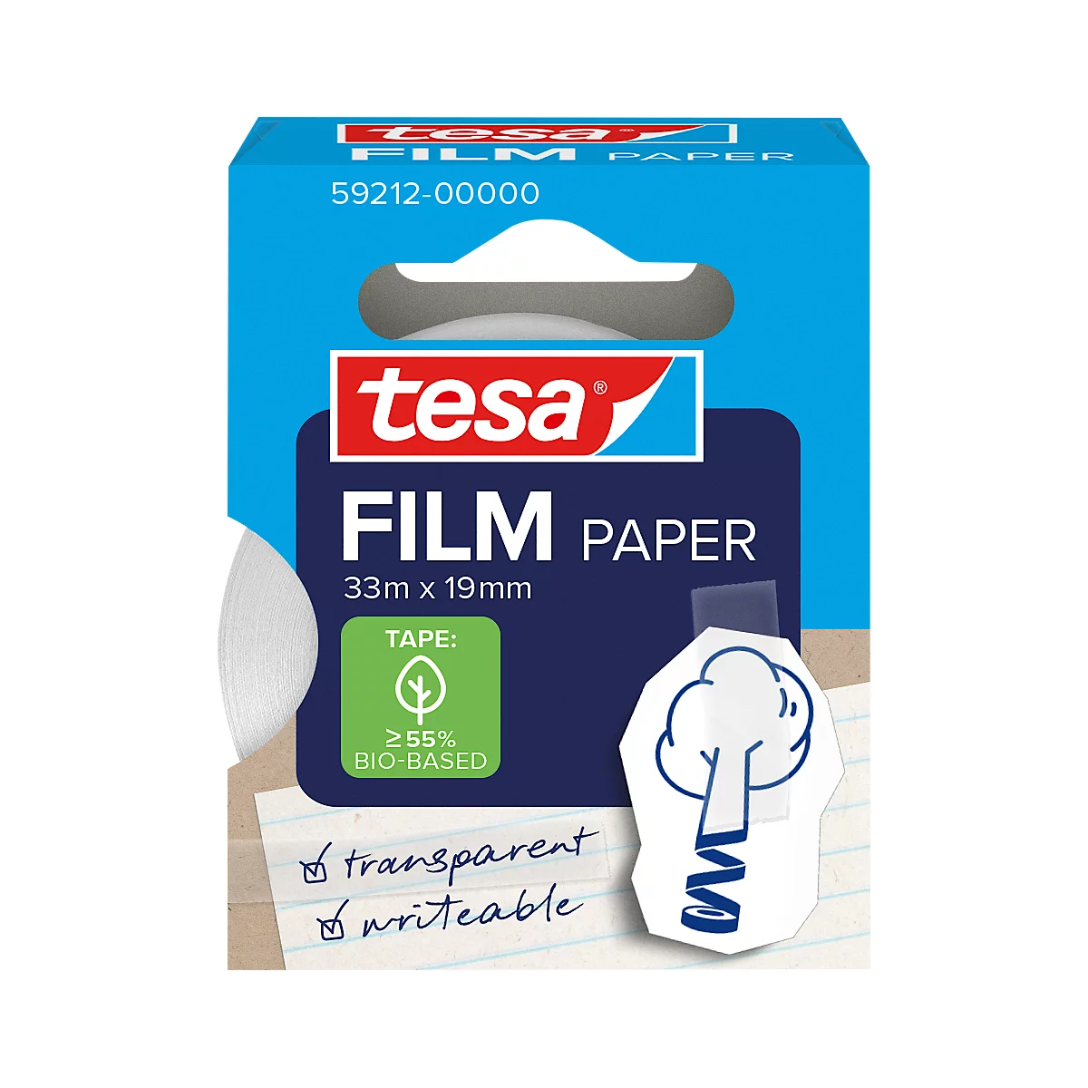 tesafilm® papieren kleeffilm, transparant, 19 mm x 33 m, geruisloos afwikkelend, oplosmiddelvrij, 1 rol