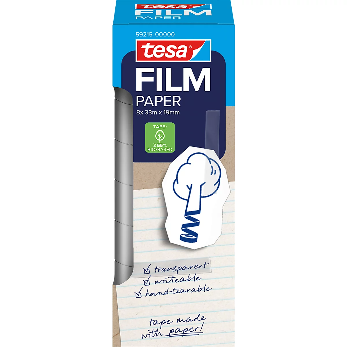 tesafilm® papieren kleeffilm, transparant, 19 mm x 33 m, geruisloos afwikkelend, oplosmiddelvrij, 1 rol