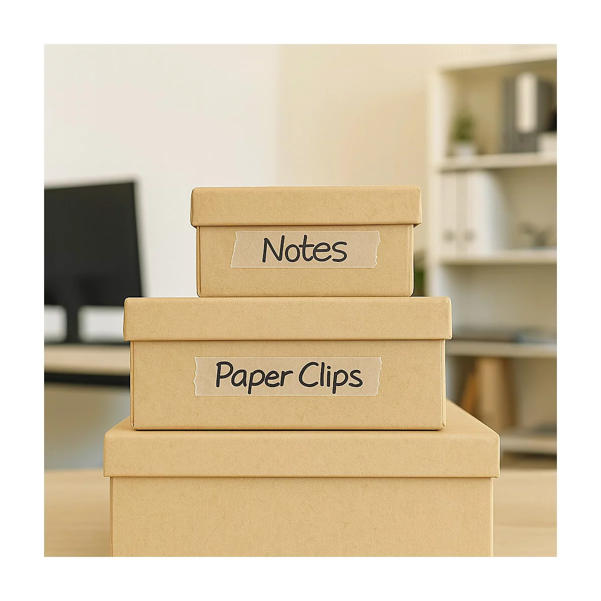 Drie gestapelde kartonnen dozen, gelabeld met "Notes" en "Paper Clips".