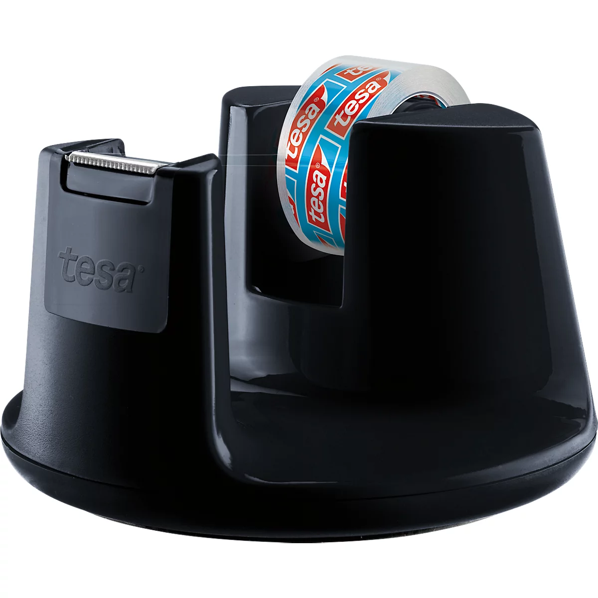 Zwarte Tesa-tapedispenser, met een rol tape. De tape is gedeeltelijk afgewikkeld en toont het logo.