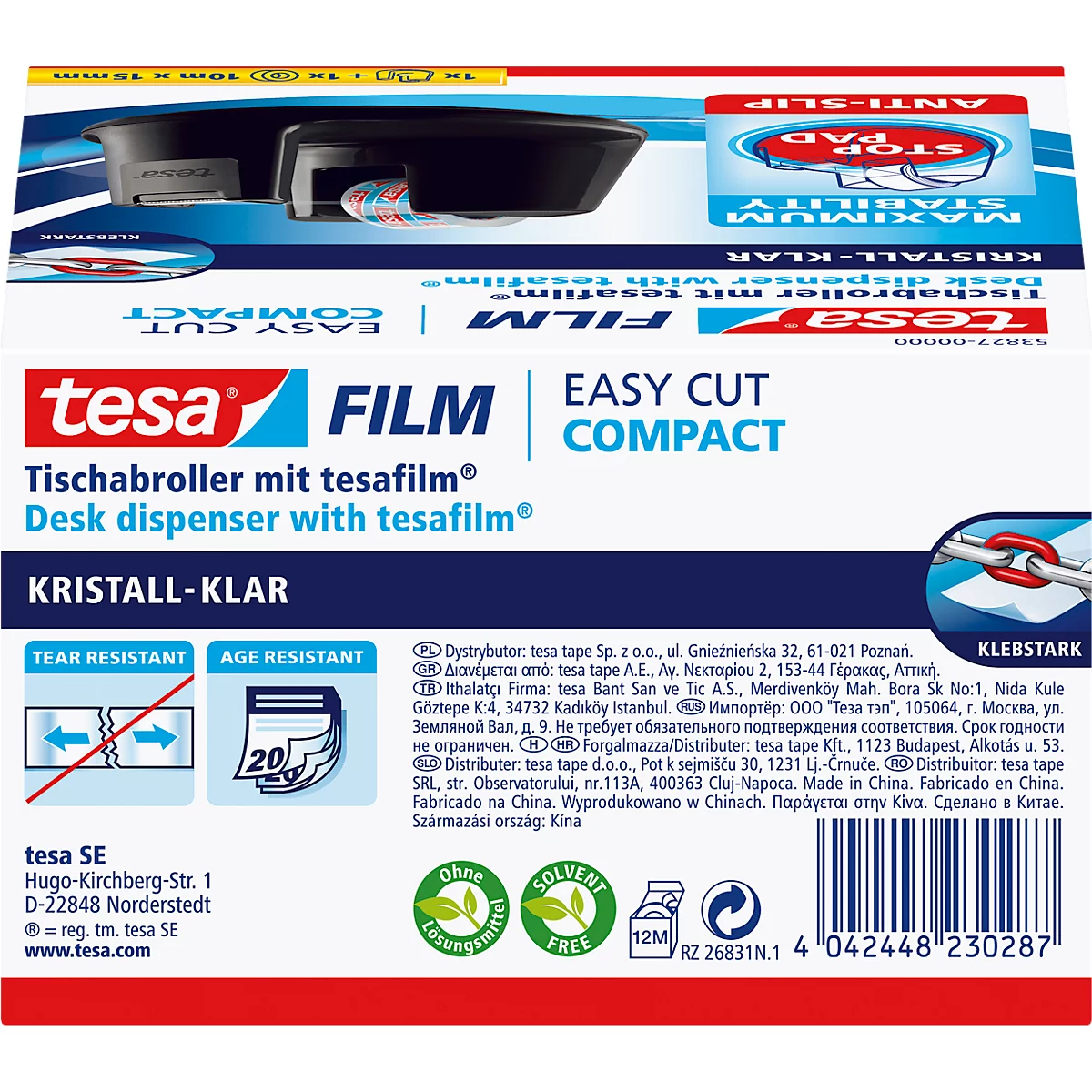 Blau-weiße Verpackung von tesa Film Tischabroller. Aufschrift: tesa, Film, Easy Cut Compact, kristallklar, alterungsbeständig.