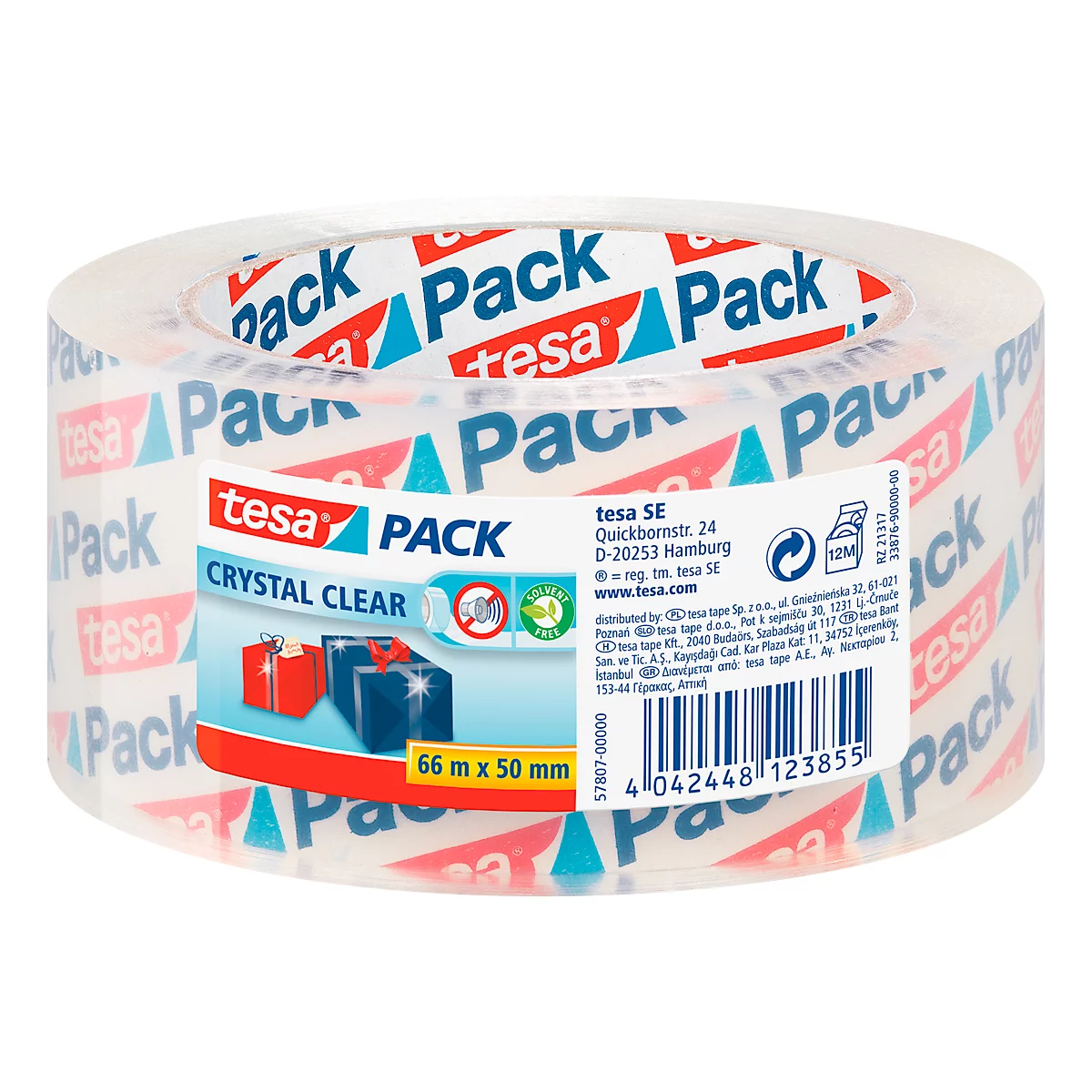 Clear tape roll with red and blue lettering. Printed: tesa Pack Crystal Clear.