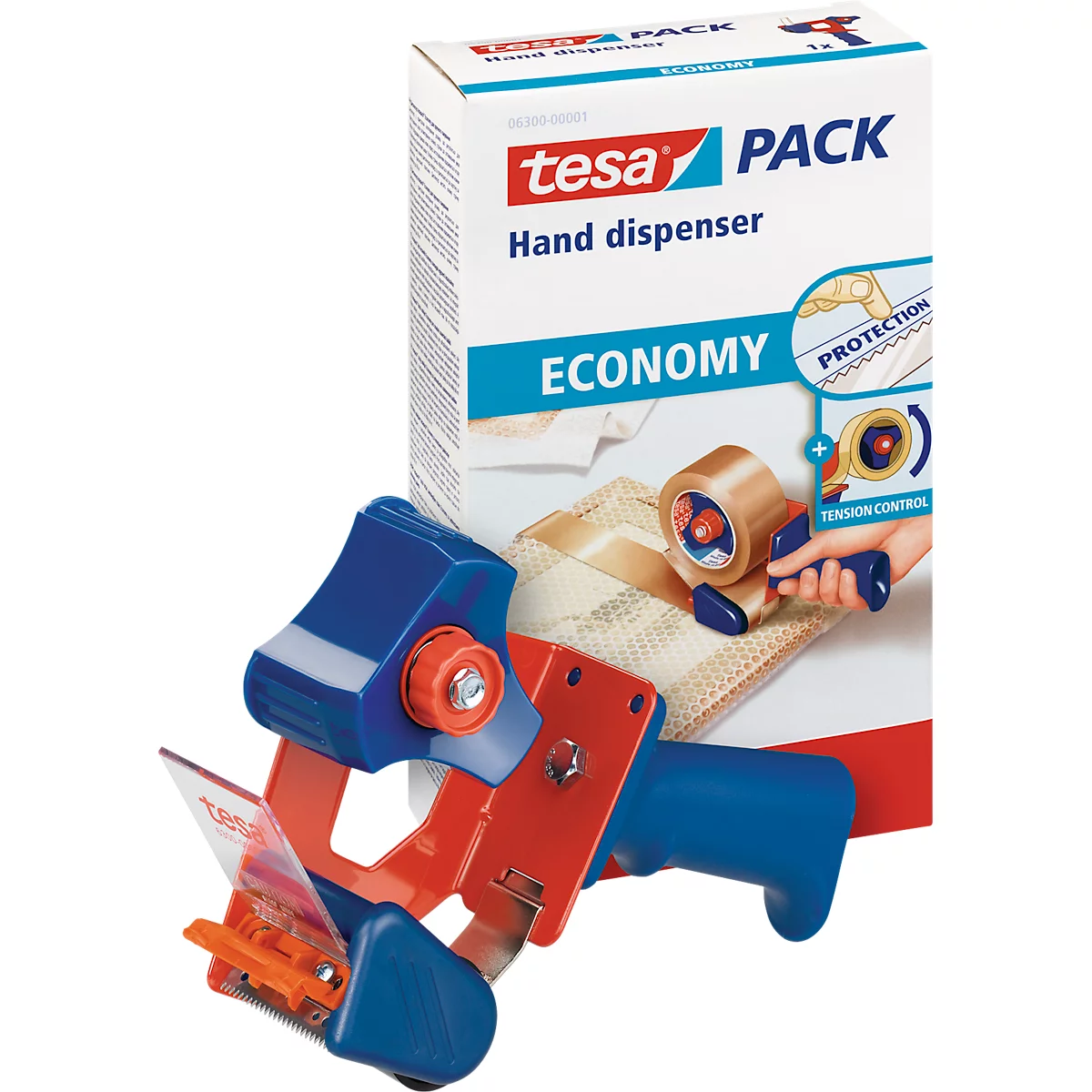 tesapack® handdispenser 6300 Economy, voor rollen tot Ø 120 x B 50 mm, manueel verstelbare rolrem, omkeerbaar mes met deksel