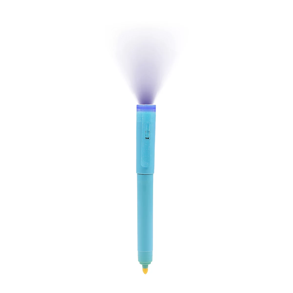 Main tenant un stylo UV bleu sur un billet de 50 euros pour vérifier les contrefaçons.