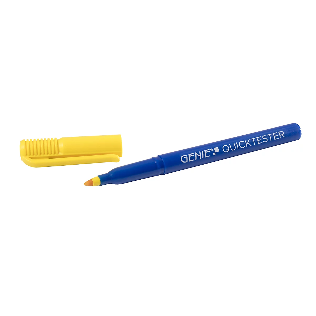 Un stylo bleu de détection de billets de banque sur des billets en euros, 20 et 10 euros.