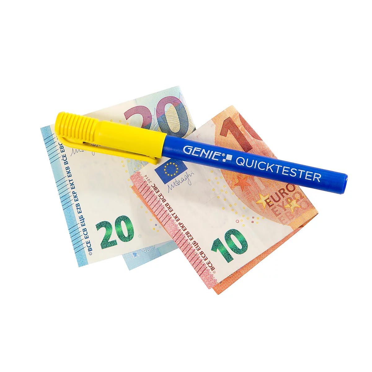 Un objet cylindrique, bleu et jaune. La partie bleue porte l'inscription "GENIE QUICKTESTER" en blanc.