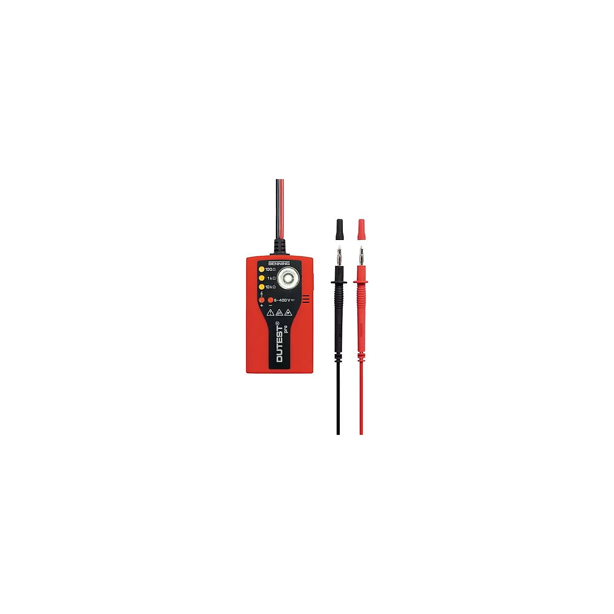 Appareil de mesure BENNING Dutest Pro rouge avec fils de mesure noirs et rouges et accessoires.