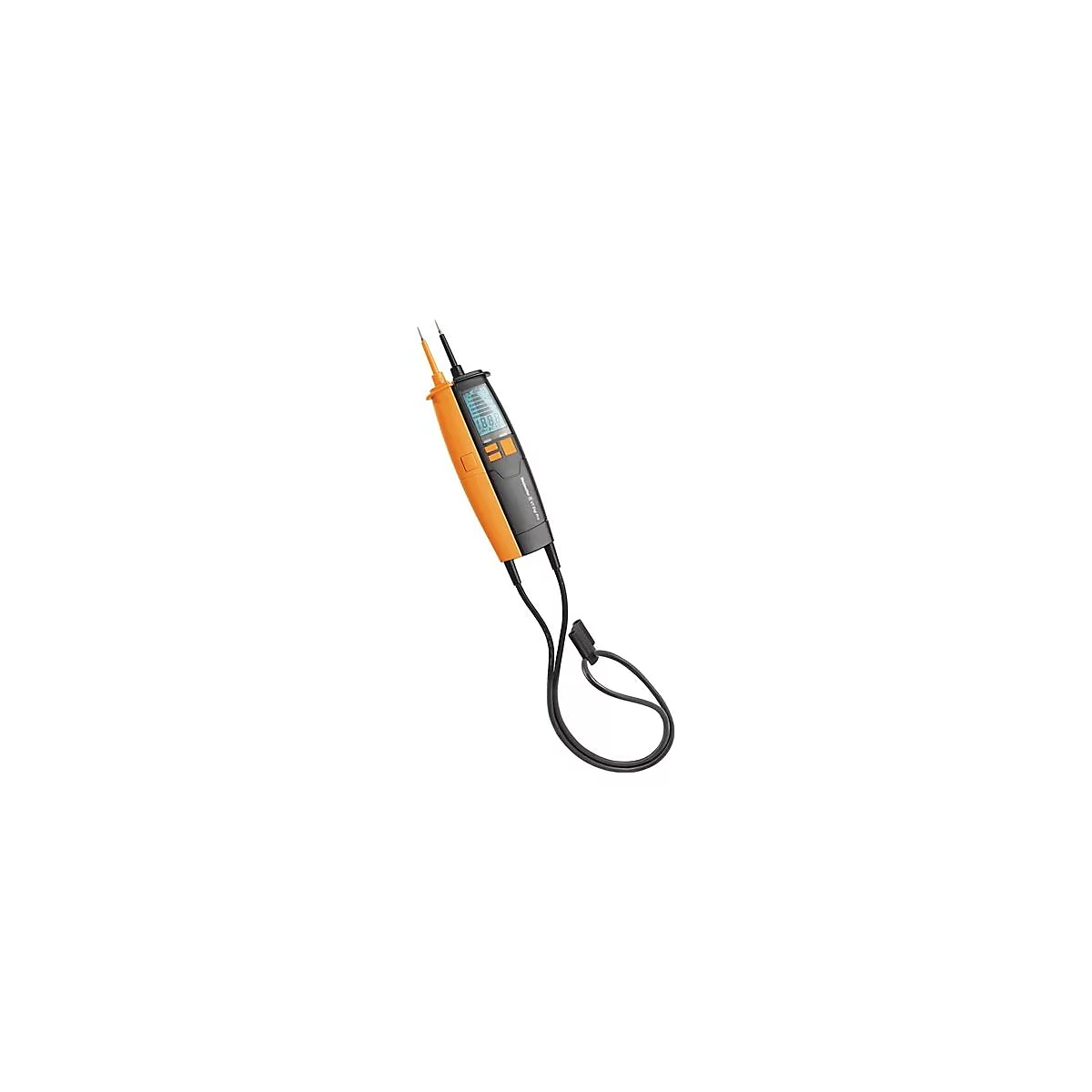 Un testeur de tension orange et noir avec un petit écran. Les cordons de mesure sont reliés par des câbles.