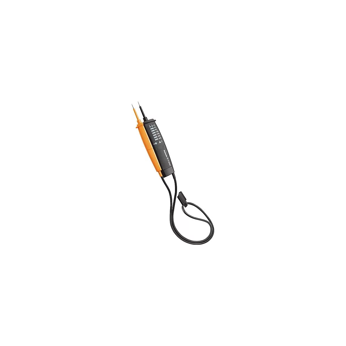 Un appareil de mesure noir et orange avec deux pointes de mesure. Des câbles noirs avec une prise sont visibles en bas à gauche.