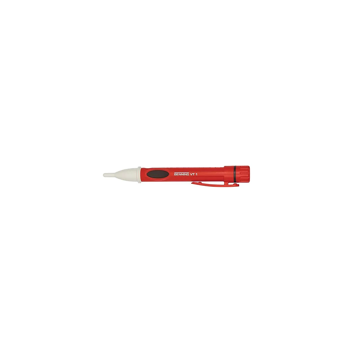 Un testeur de tension rouge en forme de stylo avec une pointe blanche. L'inscription BENNING VT 1 est visible sur l'appareil.