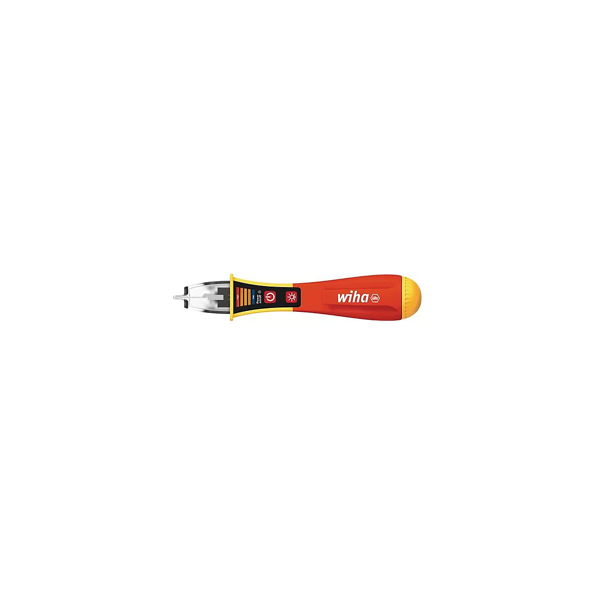 Un testeur de tension rouge et jaune avec affichage numérique et le logo Wiha.